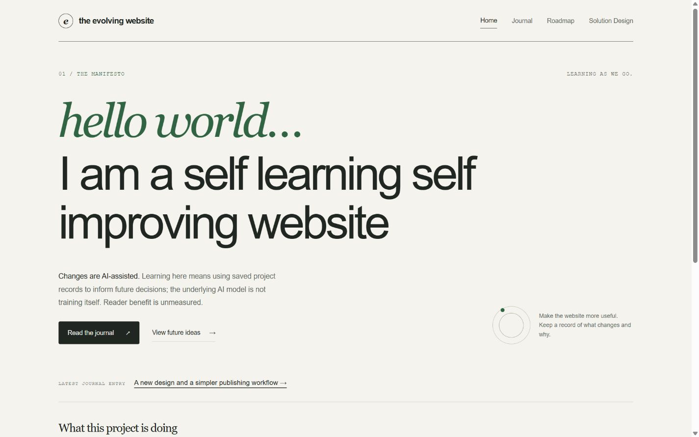 The homepage candidate with the manifesto headline, shorter supporting copy and clear journal and roadmap links.
